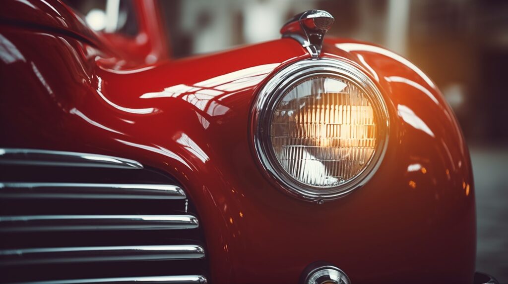 Close up of a red classic car with headlights on, showcasing classic car windshields and restoration