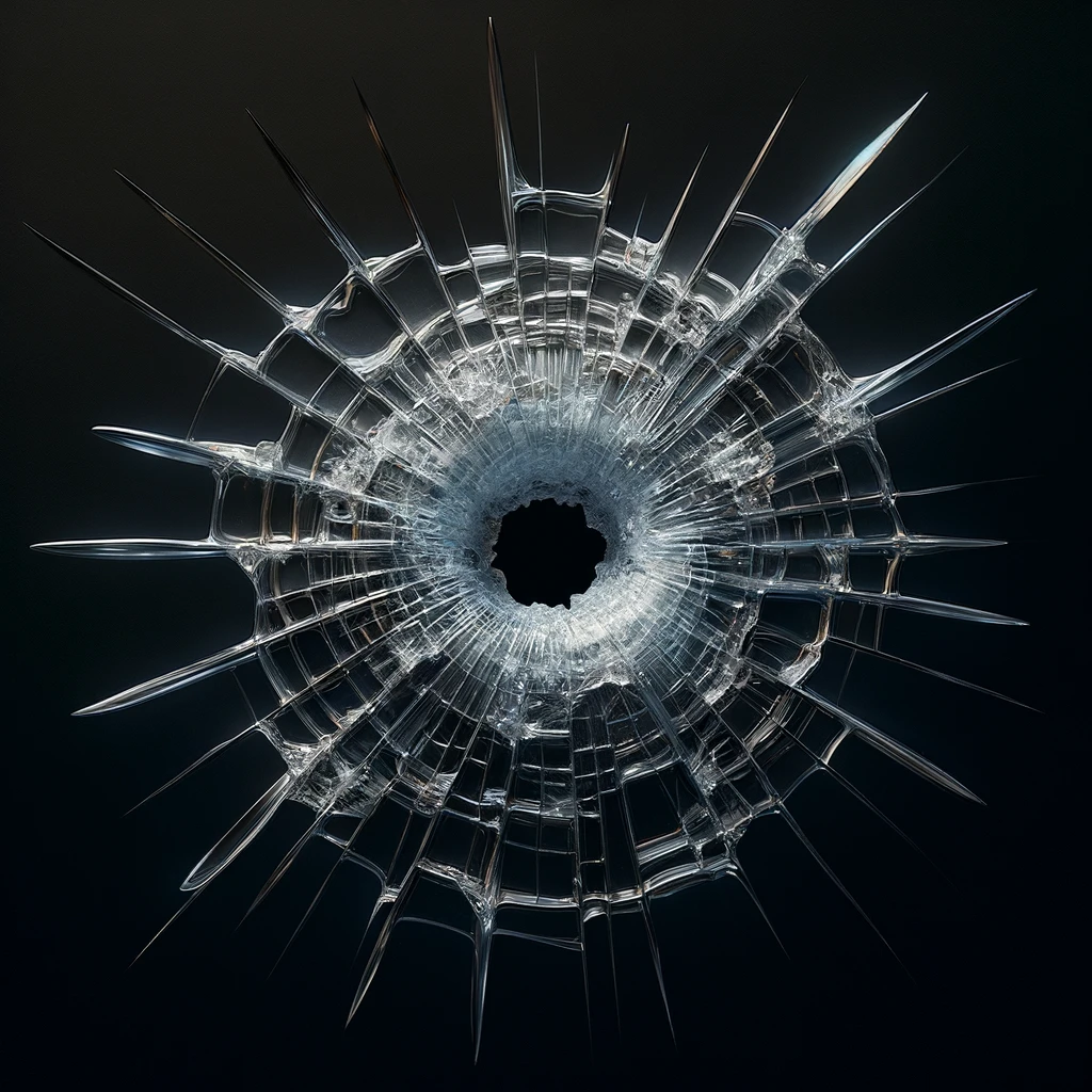 A shattered glass window with a visible bullet hole in the center