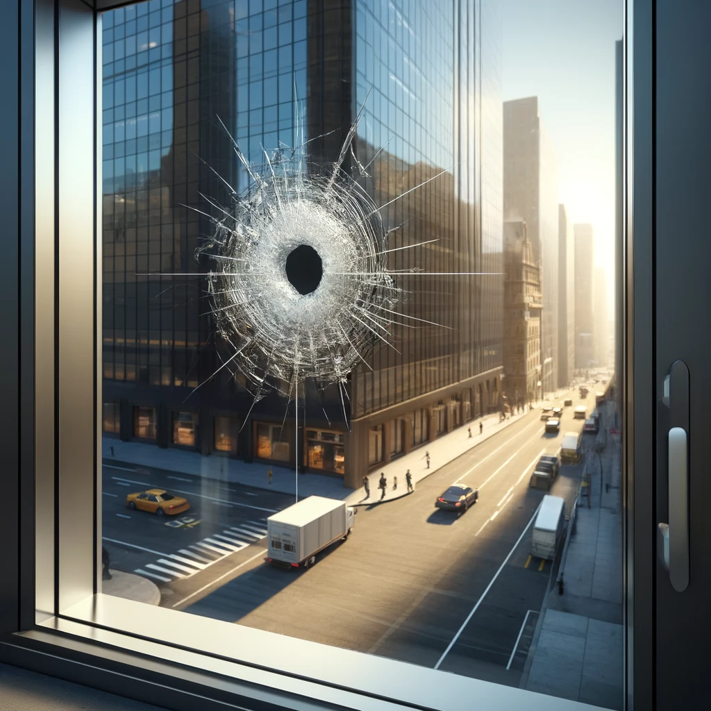Glass window with bullet hole overlooking cityscape
